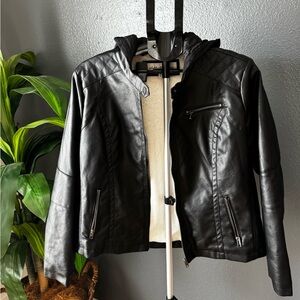 Black Faux Leather Jacket with Hood